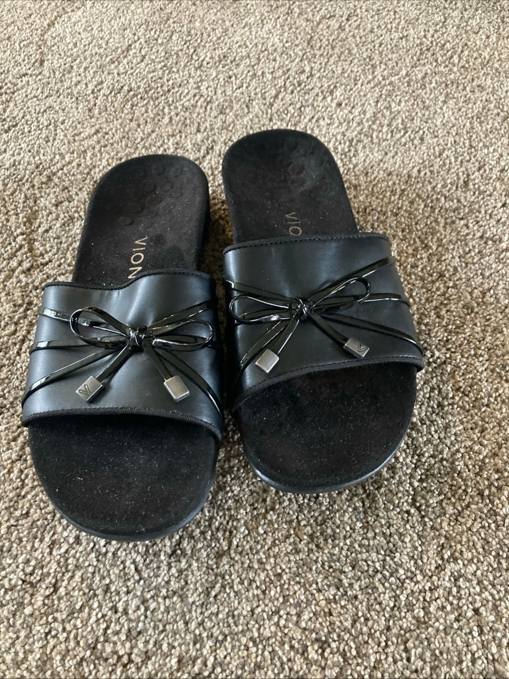 Vionic Women's Bella Slide Sandal Size 6.5 Black Bow Detail Orthotic Footbed